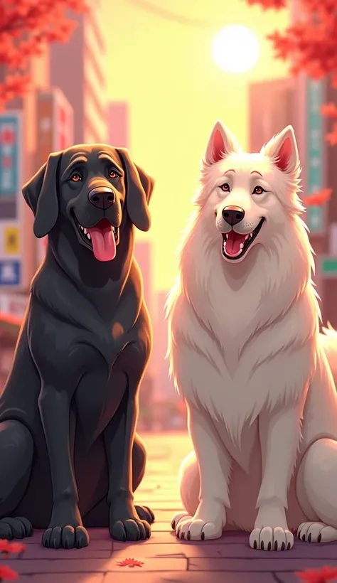 Black great dane with droopy ears、Long haired Great Pyrenees、Tokyo、morning、smile、Highest quality, bright、Light of the sun、Disney