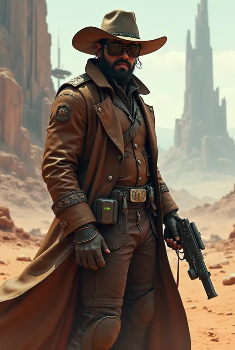 Create a bounty hunter with a western style but at the same time be futuristic 