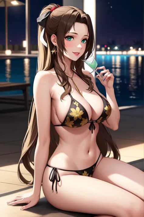 Aerith Gainsborough (Final Fantasy VII) LoRA, masterpiece, best quality, a beautiful sexy mature woman is wearing a bikini showing off her body at the night pool, 1girl, night, drinking, cocktail, solo, sexy swimsuit, high leg bikini, jewelry, outdoor, bre...