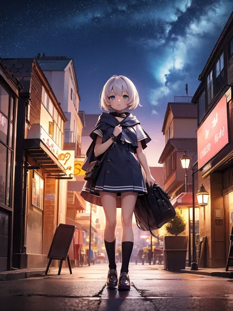 Night Sky, city,  One girl, Are standing, alone, whole body, , Maribe, puffy short sleeve,  Cape, bag