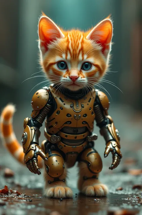 a cute Orange kitten made out of metal, (cyborg:1.1), ([tail | detailed wire]:1.3), (intricate details), hdr, (intricate details, hyperdetailed:1.2), cinematic shot, Vignette, centered