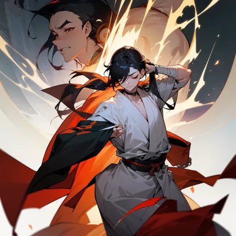 male, monk, eyes closed, long hair tied back, hair over one eye, pale skin, black hair, tall, athletic, slim, choker, fighting, making a fist, serious look, with a arm bandage,In practice,Ruined Temple,, japanese clothes, japanese style coat, 