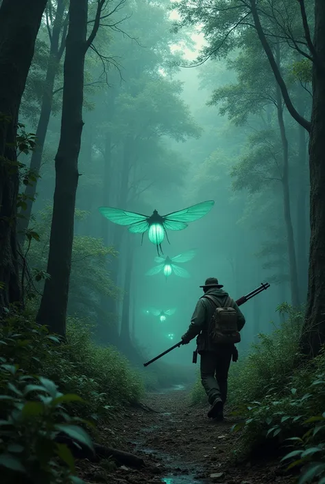 Hunter hunting giant fireflies in the forest with a shotgun the giant fireflies are crying 
