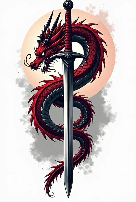 Create a bold t-shirt design featuring an intricate, stylized dragon wrapping around a sword. Use a mix of dark, moody colors like deep reds and blacks, contrasted with metallic silver for the sword. The dragon should be detailed with sharp scales and fier...