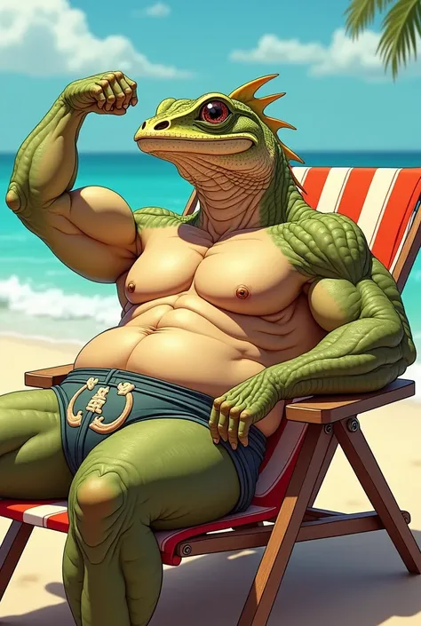 Antro lizard,big pecs,muscluar, laying on beach chair,close up view, flexing armpit, cartoon, wearing fundoshi underwear, nipples 