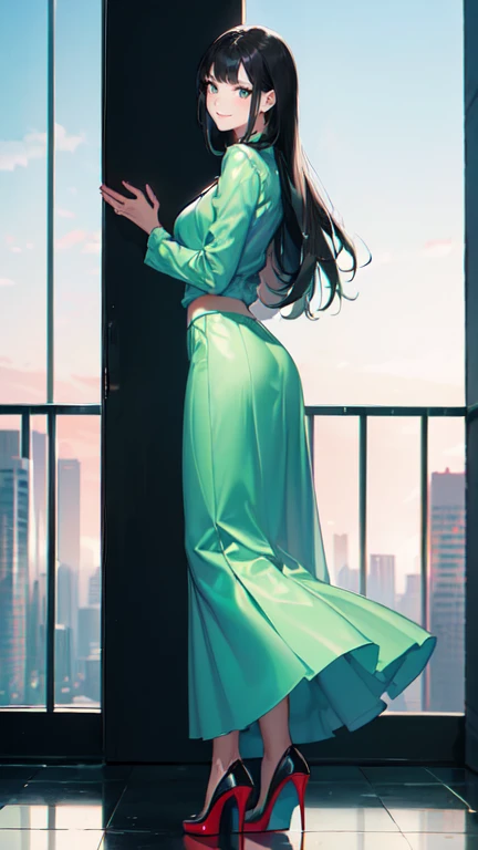 ((masterpiece, high resolution, better quality, better details)), ((Smiling)), ((one girl)) a girl standing, full body, maxi green skirt, blouse,((louboutin high heels)), green eyes , ((black hair, long hair)), shiny skin, ((behind view)), solo, from behin...