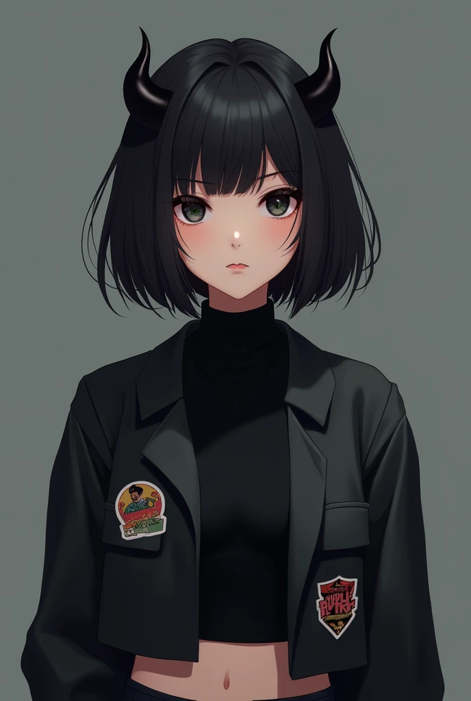 Anime girl with short black hair wearing a black turtleneck, short black shirt, plain black jacket, wearing black devil horns, ad Indonesian sticker on the left side of her shirt 