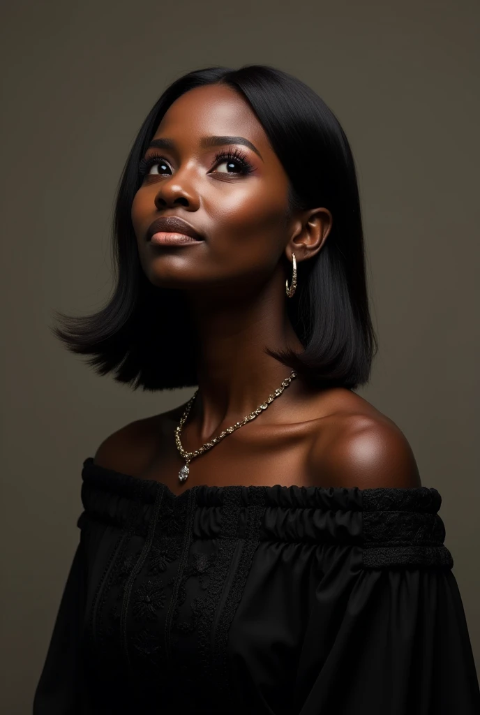 Shoulder length Photo of a godly black woman on moderate jewelry, dressed in a patterned black gown that fully covers her breasts,loooking up and smiling 