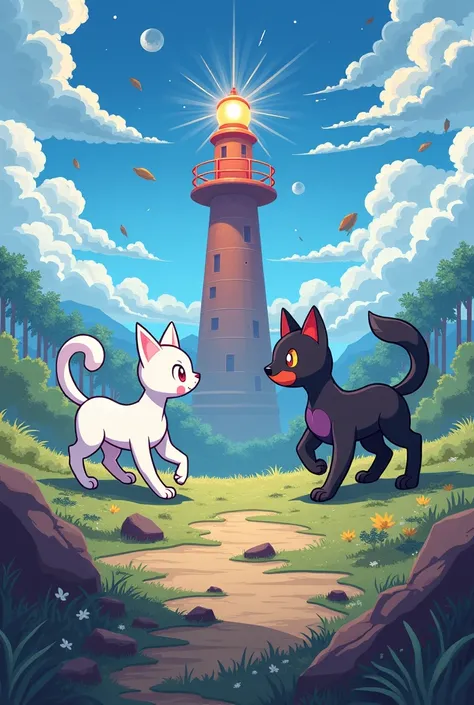 Une image dun combat pokemon version console entre un chat blanc appelé "Neige" et un phare appelé "BBB"