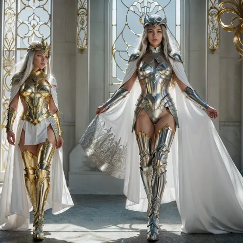 ((( whole body))) Movie《Predator》, Hejig,  Flowing white cape, walking to a viewer, white and gold armor, Queen, majestic,, Beautiful woman,  boots, helmet, Shiny halo, Very detailed, Gold and Silver Filigree, Complex patterns, Organic Window Treatments, ,...