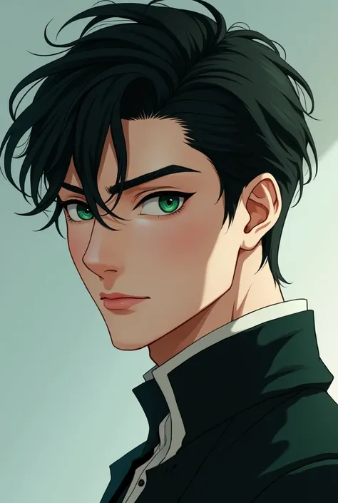  photo of The character is a 2 male. The character is White race, very fair skin and has black hair, emerald eyes. he is Very handsome. I cant believe you just said that expression. Animated art inspiration.  Artistic. Ultra high quality.