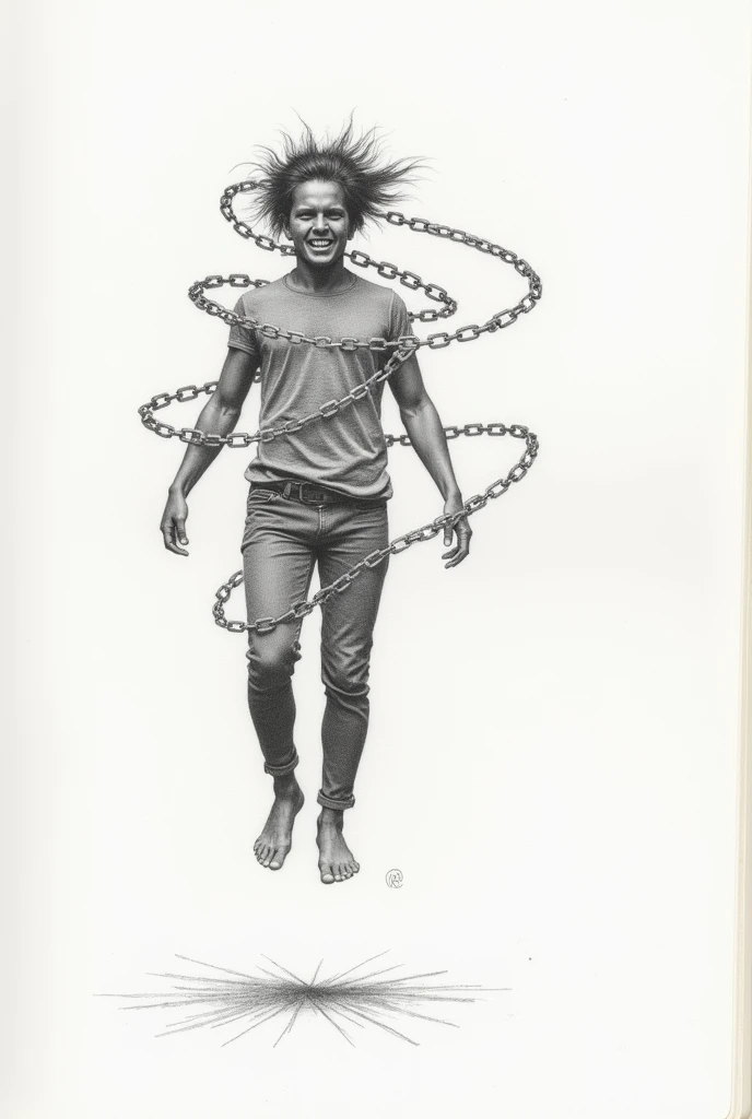 A drawing depicting a person levitating, but there are chains around your head, as if it were a metaphor of someone trapped in their paranoia A look of revolt The drawing must be done in pencil, as if it were a sketch in a notebook, light contours represen...