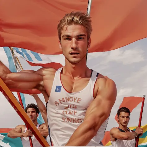 strong and athletic european male rowers are depicted with a slight smile in a powerful pose., each one clutching the red flag p...