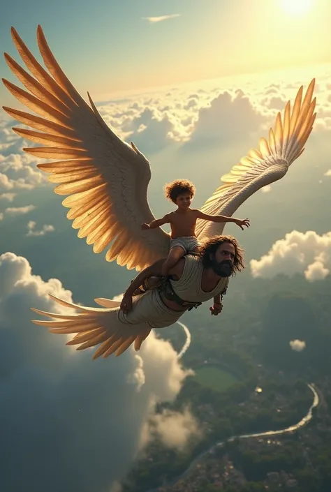 Adult Daedalus and child boy Icarus with wings soar through the sky, the world spread out beneath them. 