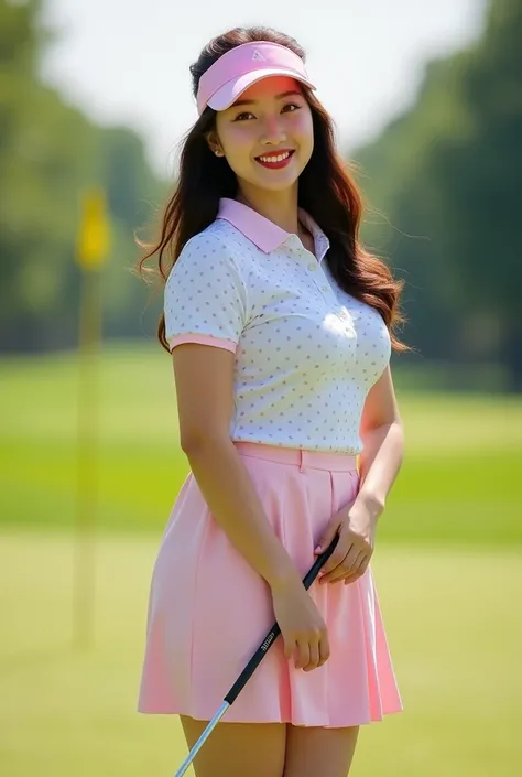 Kim Hee Sun, A full-body shot beautiful smile Korean woman, 30years old, (a photo capturing the entire body from head to shoes), dynamic angle, golf course, dots pattern in light pink and white golf polo shirts , pink golf skirts, light pink sun visor, ((v...