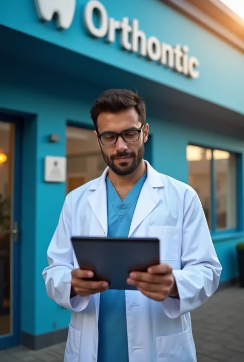 Dentist holding a tablet, where it says we are on the second business day of the month, we need to schedule as many patients as possible.
In front of a dental clinic, with blue facade written OrthoDontic.