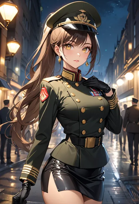 ((best quality)), ((Masterpiece)), (details), Young woman, Medium bust, brown hair, yellow eyes, ((long hair, ponytail)), handsome face, (Tanned skin:1.3), Long eyelashes, Thick eyelashes, Gold Earrings, ((Military Cap, Military jacket,Black leather gloves...