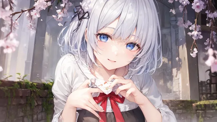 Ultra HD,Look at the viewers, and, 20-year-old, 非常にshort hair, Long bangs between the eyes, Pale blue eyes, Very detailed,(masterpiece、Highest quality),Gray Hair、Laughter、wonderful, Silver Hair, iris, short hair、Small face、明るいsmile、(Detailed face) ,Profess...