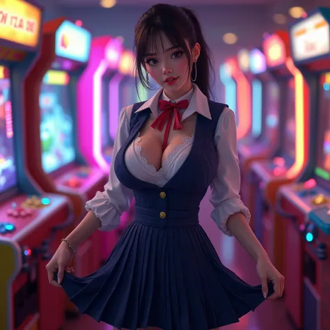 1 woman, arcade employee, detailed uniform, white shirt, navy blue quilted vest, navy blue pleated skirt, ribbon bow tie, earpiece, she lifts her skirt to show her panties, highly detailed beautiful face, detailed beautiful eyes, long eyelashes, detailed b...