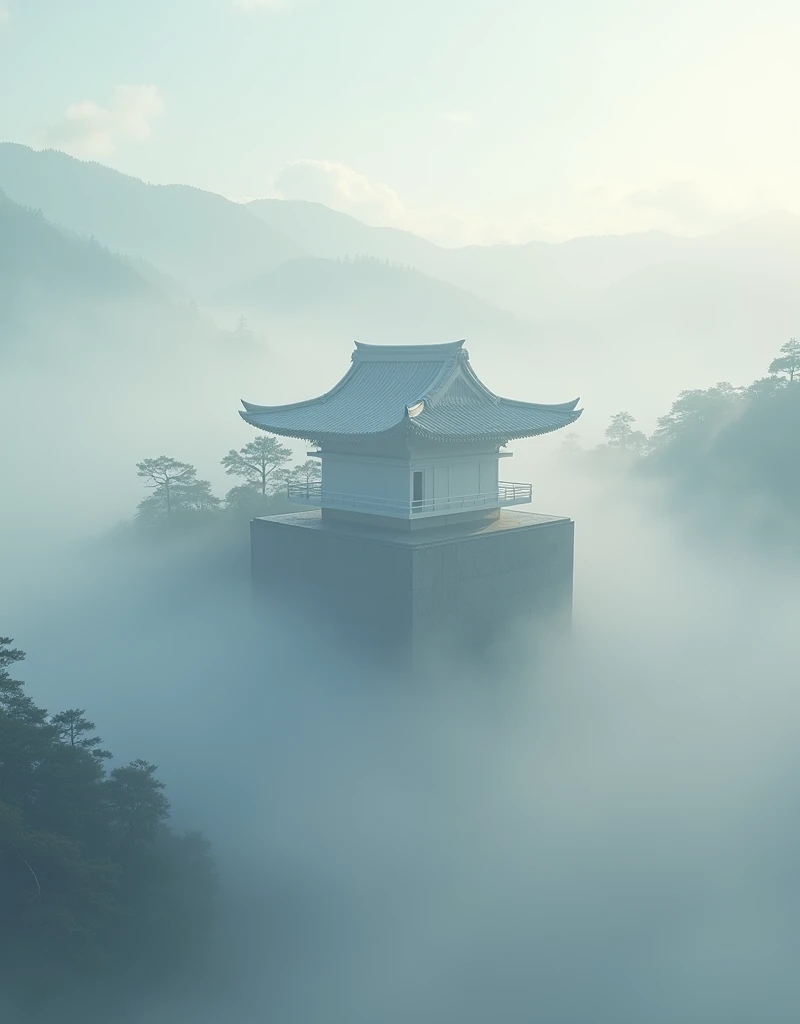 (The rain has stopped and everything has been purified:1.2)、(An ancient shrine emerges from a landscape shrouded in mist and clouds.:1.4)、(The roof is shining in the soft sunlight.)、(Ancient Japanese Mythology:1.2)、(All white cypress wood)、(Cypress bark ro...