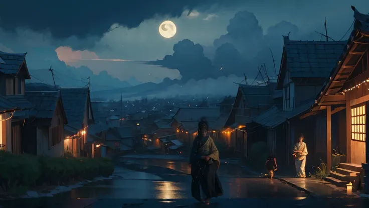 An anime style image of night scene in a small village. Meera a is walking to her little friend Shyams house. The path leads through a dense forest, and the moon is hidden behind clouds, making the night darker and more mysterious.