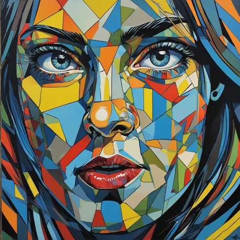 masterpiece, 50mm, a 20 yrs british girl , bioluminiscent eyes, looking at camera, Cubist, Pop Art