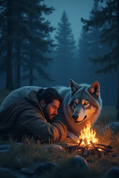 Timur Turan sleeps in front of a wolf 