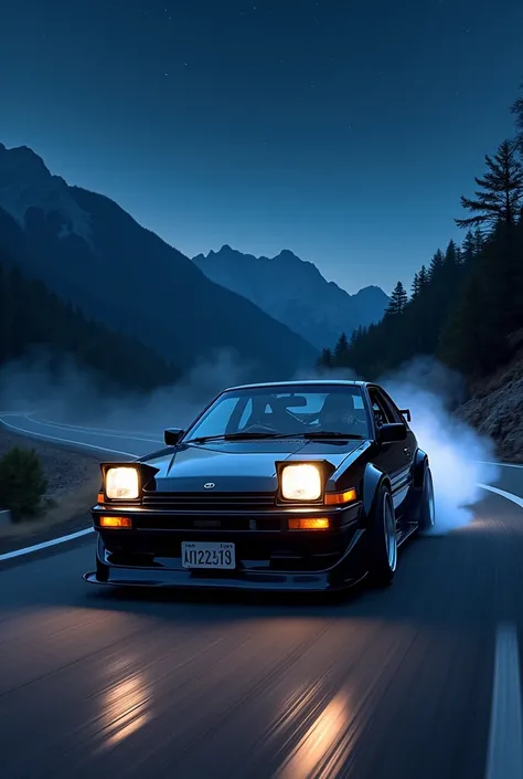 Black AE86 tuned and drifting in the night front view