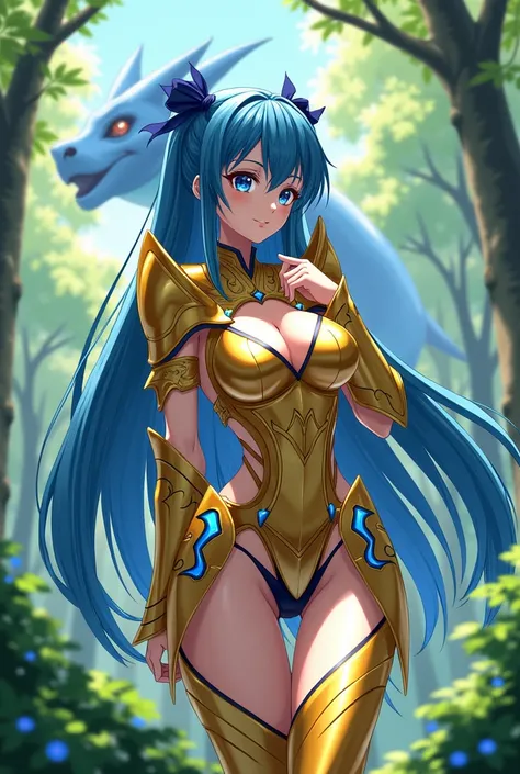 Anime girl with gold armor with blue details in the forest, with pose showing panties, with legs open and hand on pussy, long straight blue hair with bows and a blue dragon in the background far away 