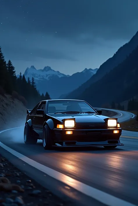 Black AE86 tuned and drifting in the night front view