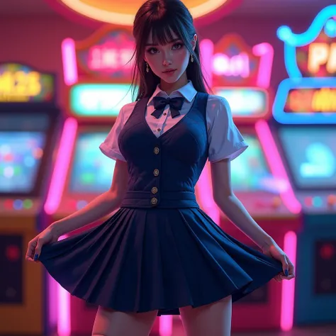 1 woman, arcade employee, detailed uniform, white shirt, navy blue quilted vest, navy blue pleated skirt, ribbon bow tie, earpiece, she lifts her skirt to show her panties, highly detailed beautiful face, detailed beautiful eyes, long eyelashes, detailed b...