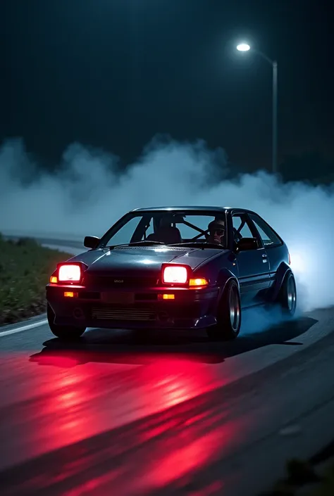 Black AE86 tuned and drifting in the night with red headlights front view