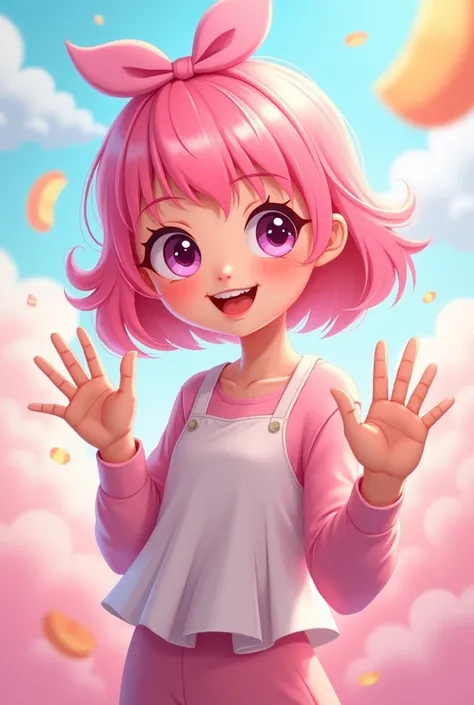 A pink-haired girl makes an OK gesture.