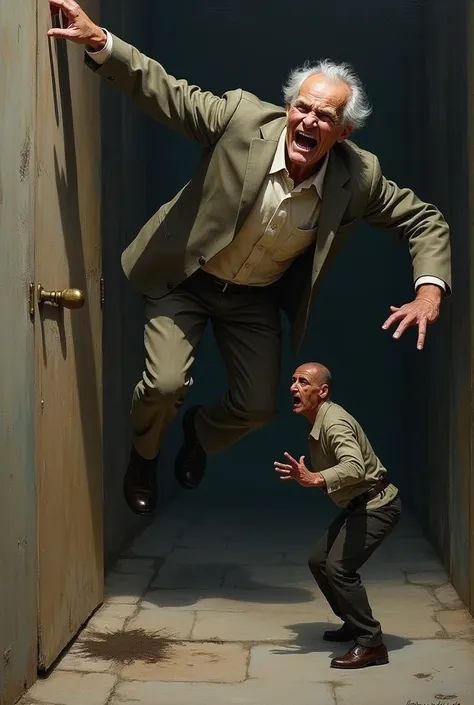 The Struggle and Fall: A dramatic moment where the elderly man is shown falling backward, his body in mid-air, reaching out with one hand. The thief stands in the foreground, the look of guilt and fear in his eyes.