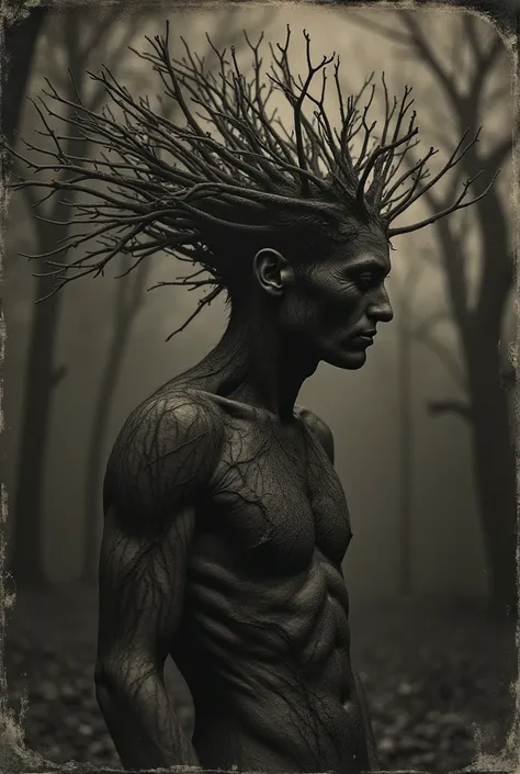 Human and tree hybrid captured in an antique tin type photograph style, embracing the nightmarish chiaroscuro technique, fine art, medium format, award-winning composition, monochromatic, texture-heavy, with an eerie absence of color, high contrast, deep s...