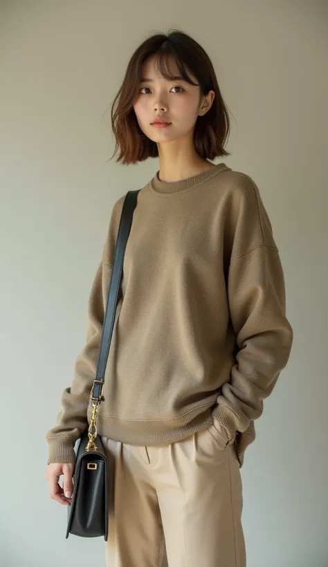 The image features the following:.

 - Hairstyle is a bob cut with brown hair and a front bang
 - Pose is front facing, slightly upturned posture
 - Makeup is simple and understated
 - Clothing is a roomy khaki sweater, wide beige pants, and a black bag
 -...