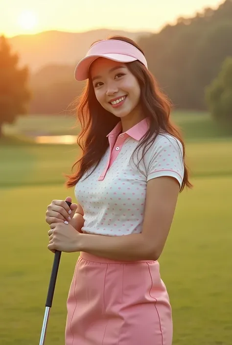 Kim Hee Sun, A full-body shot beautiful smile Korean woman, 30years old, (a photo capturing the entire body from head to shoes), dynamic angle, golf course, dots pattern in light pink and white golf polo shirts(short sleeve) , pink golf skirts, light pink ...