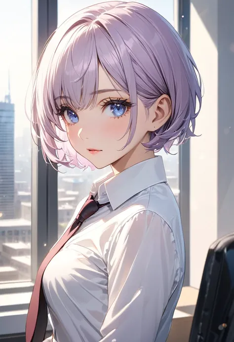 ((best quality)), ((Masterpiece)), (details), 1 woman, small breasts, light purple hair, blue eyes, ((short hair)), smooth , Beautiful face, Beautiful skin, Long eyelashes, Thick eyelashes, white shirt, necktie,business suit,office, Building from the windo...