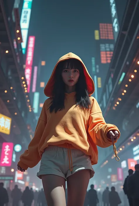 Masterpiece, 4K wallpaper, Masterpiece sci-fi ancient city, fantasy sci-fi, neon glow lights city, ( Subject ( 1girl, A cute korean women with beautiful hair, wearing an youth stylist oversized hoodie fashion, yellow and black stylist fashion, jumper hoodi...