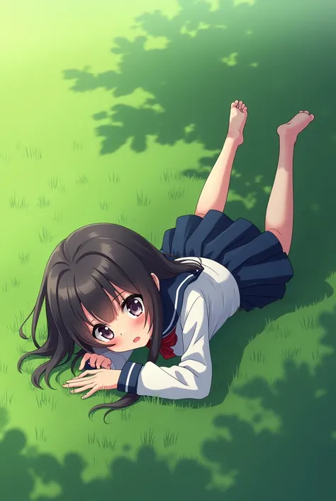 Anime girl in school uniform lying on her stomach on grass crying 