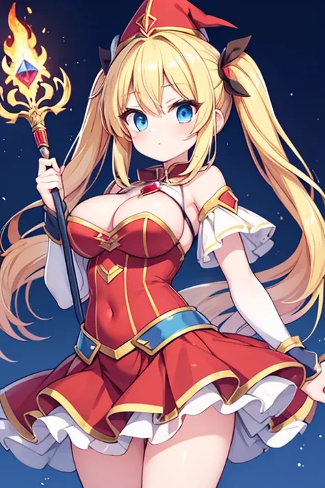 Highest quality,masterpiece,Blonde with blue eyes,wizard’s wand with red gem”
“flame wizard hat”Beautiful breasts、Twin tails、Girl&#39;s cute eyes,enjoy,