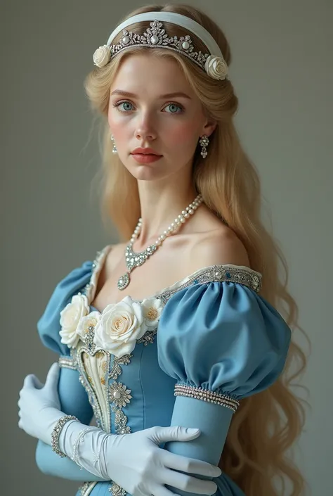 A noblewoman in her early twenties, Blue Victorian dress with shoulder-length puffs and white rose detailing on the sides, Long pale blue gloves, pearl necklace, diamond earrings, diamond bracelet, long blond hair, diamond tiara, White Ribbon Headdress, re...