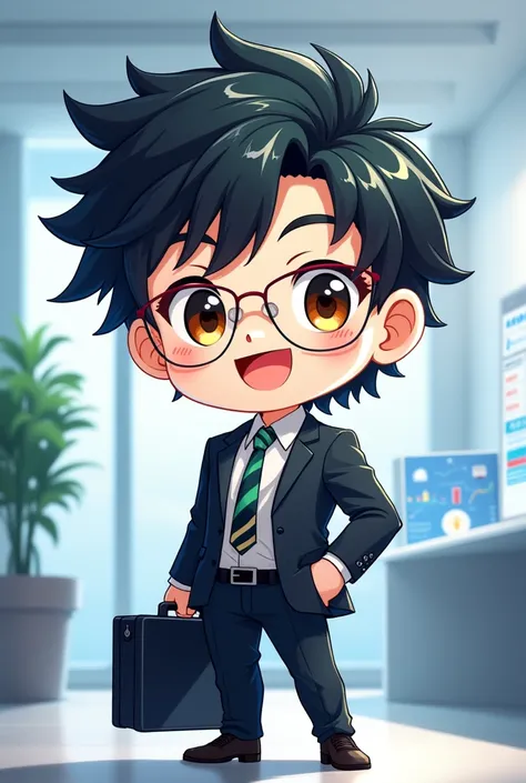 mascot: Kenji, the Strategist 1. General appearance:
• Age and Style: Kenji is a young adult with a modern and professional appearance., but with the vibrant and expressive style typical of chibi characters • Face: He has a friendly face with expressive ey...