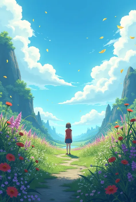 Landscape of a place with plants and flowers in the middle the sky with clouds, with a person being shown very small in the middle. high resolution, work of art, best qualityer, high détails, high qualiy, ultra HD, anime styling,