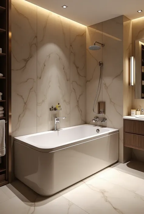 luxury bathroom setup with rectangular bathtub and the bathtub should be stuck towards the wall from 3 ends and only 1 end should be oen to come out and come in


