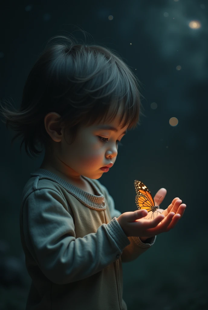 Small kid with sad face having butterfly on his hands in space 