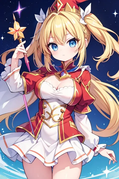 Highest quality,masterpiece,Blonde with blue eyes,star wand with red gem”
“flame wizard hat”Beautiful breasts、Twin tails、Girl&#39;s cute eyes,enjoy,