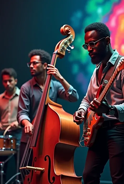  a black drummer,  a white bass player and a brown guitarist, playing various genres.