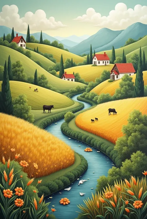 An artistic mural of the countryside