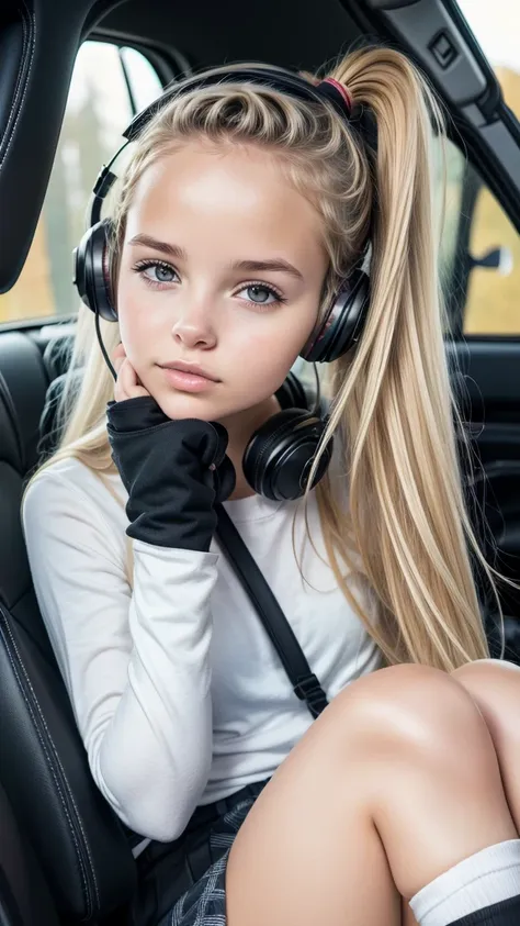 cute schoolgirl livlas sits in the back seat of the car and looks out the window 1 girl, clap, blonde hair,tape, ponytail, parte...